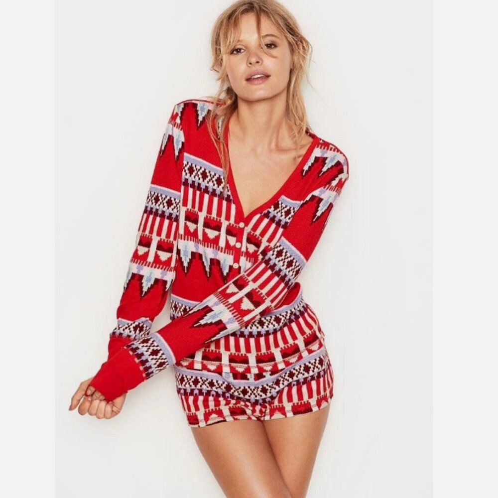 Victoria's‎ Secret Thermal Henley 2 PC Pajamas Set Top Shorts Medium Fair Isle